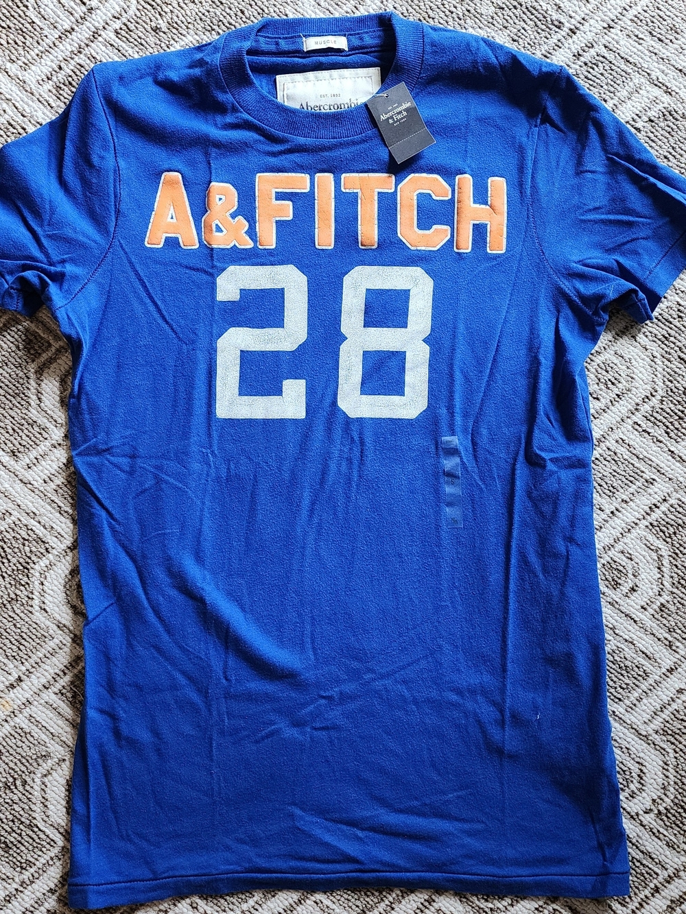 Abercrombie & Fitch Men's Royal Blue Tee with Orange Logo and White Number